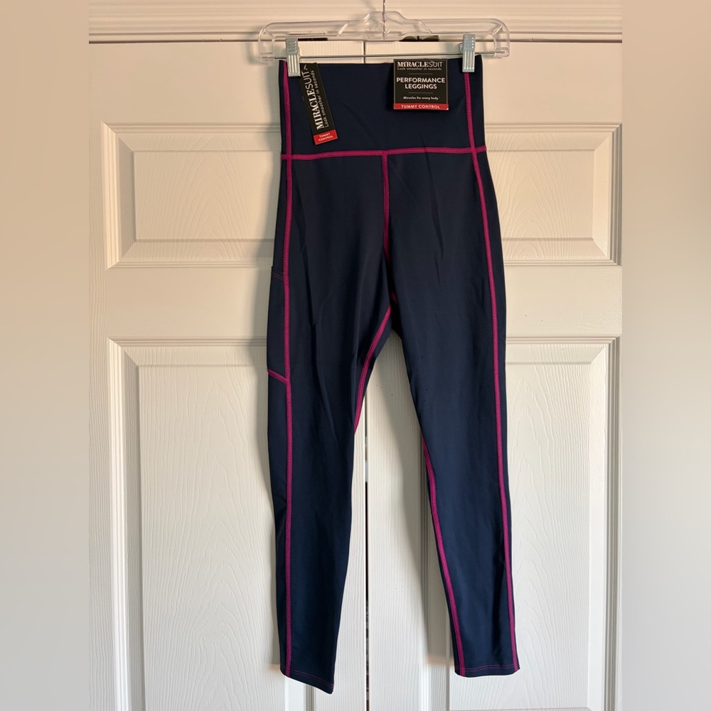 Miraclesuit Navy Leggings with Bright Pink Stitching